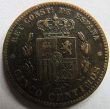 Load image into Gallery viewer, 1879 Spain 5 Centimos Coin
