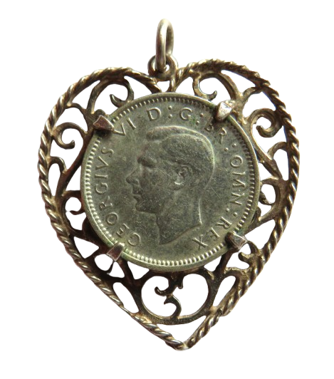 Vintage White Metal Heart Pendant With 1941 Silver Threepence Coin