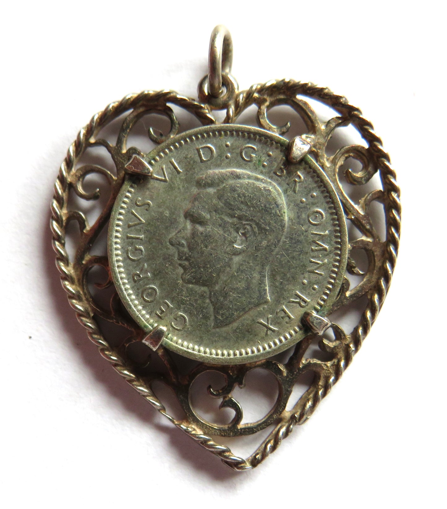 Vintage White Metal Heart Pendant With 1941 Silver Threepence Coin