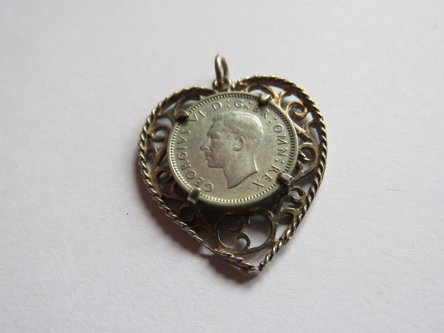 Vintage White Metal Heart Pendant With 1941 Silver Threepence Coin