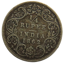 Load image into Gallery viewer, 1862 Queen Victoria India Silver 1/4 Rupee Coin
