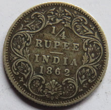 Load image into Gallery viewer, 1862 Queen Victoria India Silver 1/4 Rupee Coin
