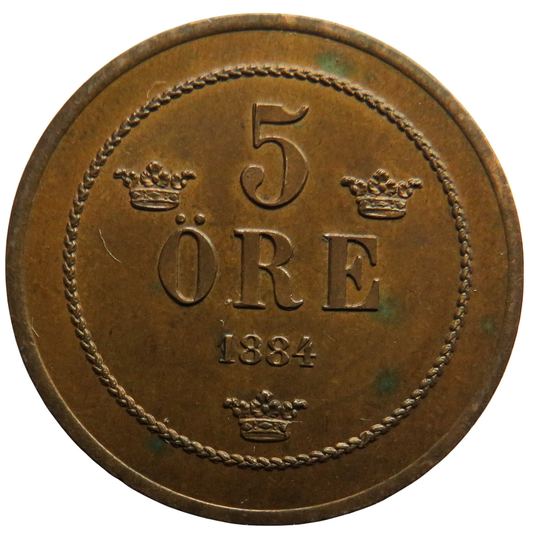 1884 Sweden 5 Ore Coin In Higher Grade