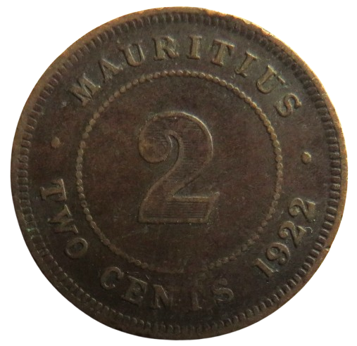 1922 King George V Mauritius 2 Cents Coin