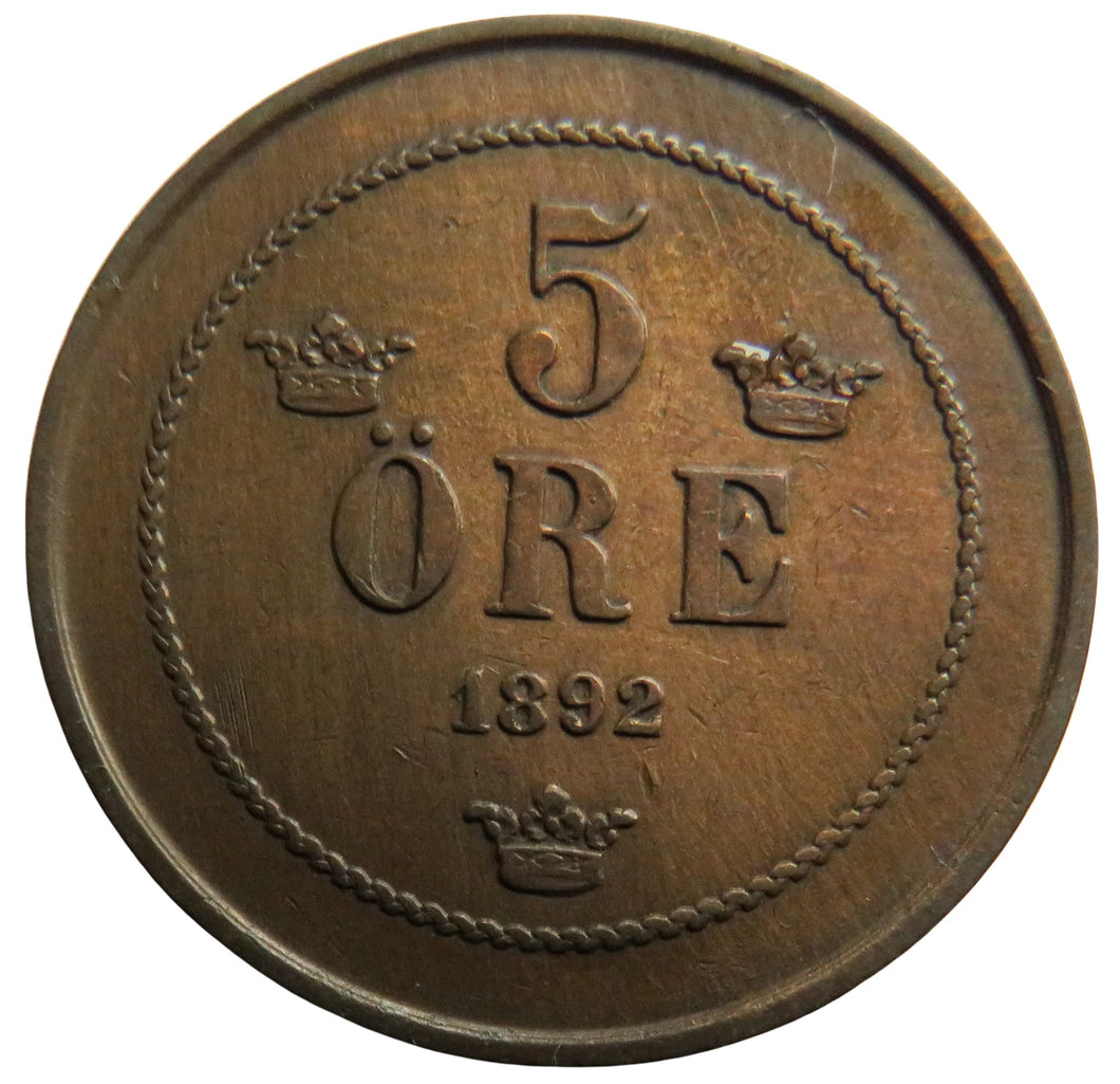 1892 Sweden 5 Ore Coin