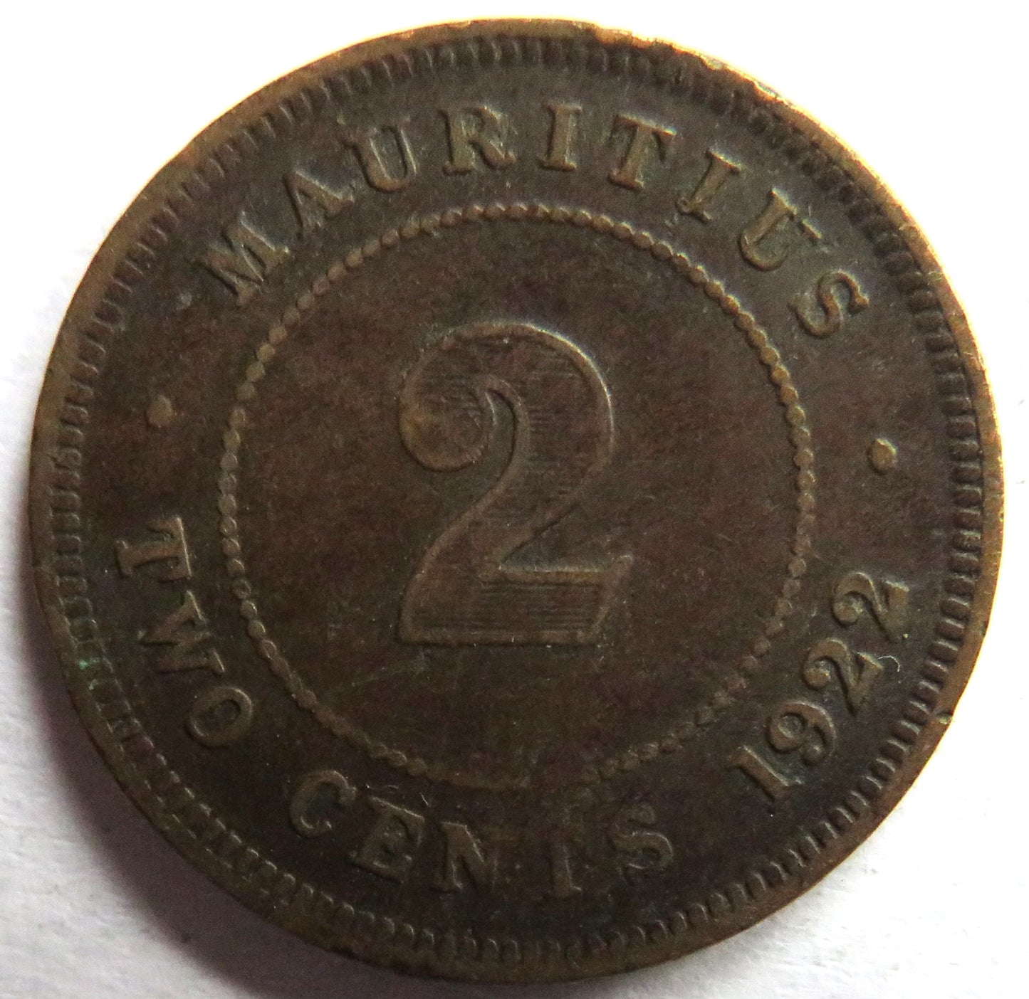 1922 King George V Mauritius 2 Cents Coin