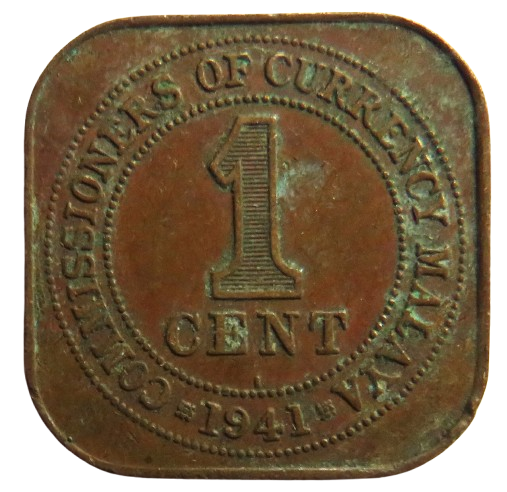1941 King George VI Commissioners of Currency Malaya 1 Cent Coin