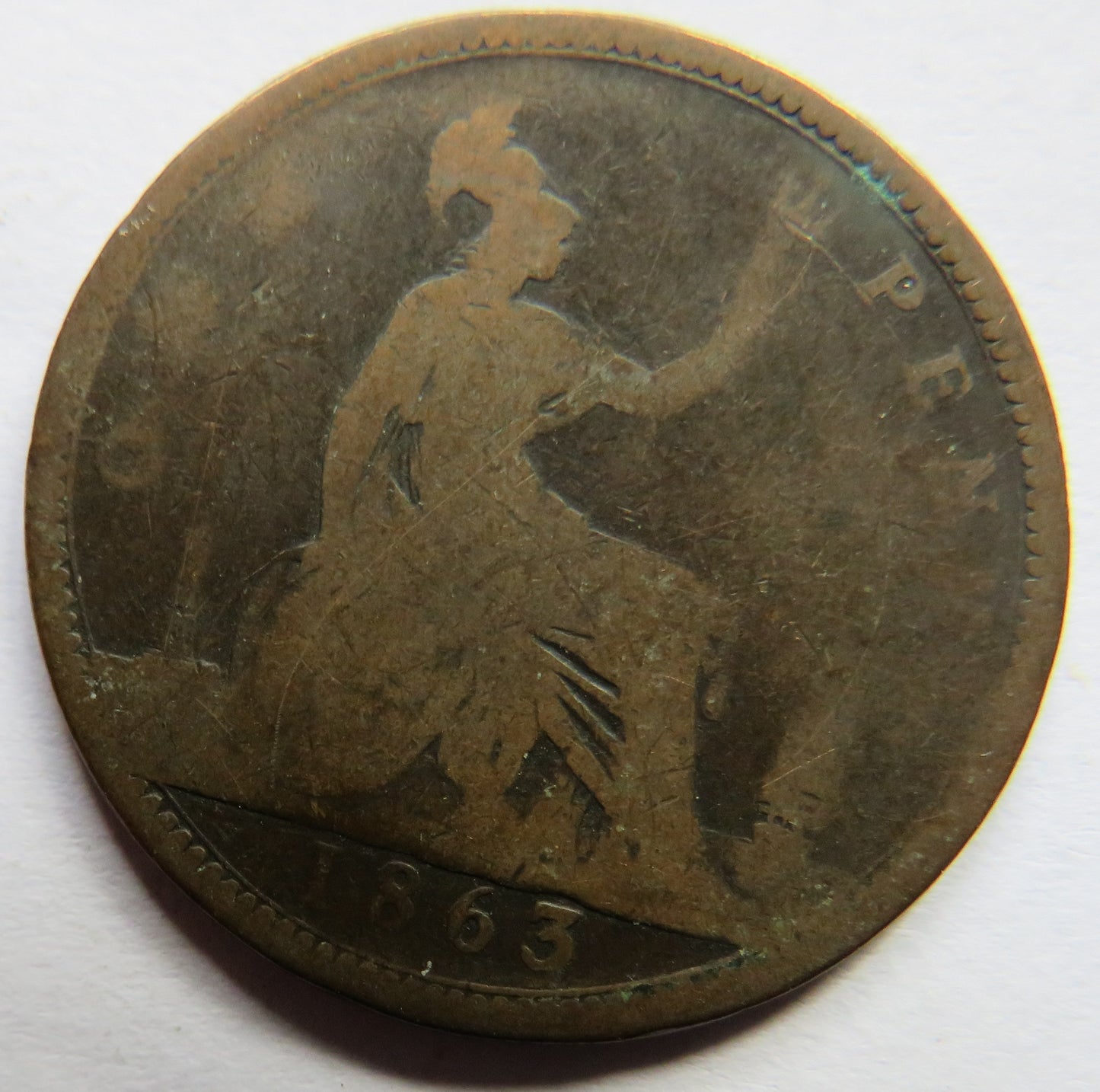 1863 Queen Victoria Bun Head One Penny Coin - Great Britain