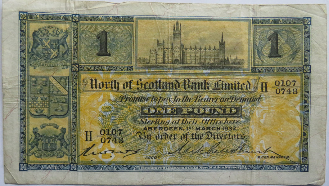 1932 North of Scotland Bank Limited £1 One Pound Banknote