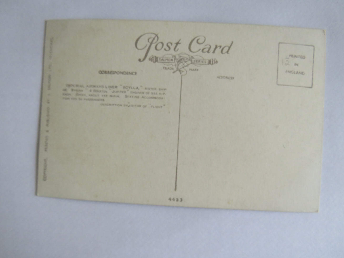 Vintage Postcard of Imperial Airways Liner "Scylla" Sister Ship of Syrinx