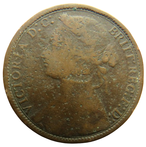 1874-H Queen Victoria Bun Head One Penny Coin - Great Britain