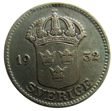 Load image into Gallery viewer, 1932 Sweden Silver 25 Ore Coin
