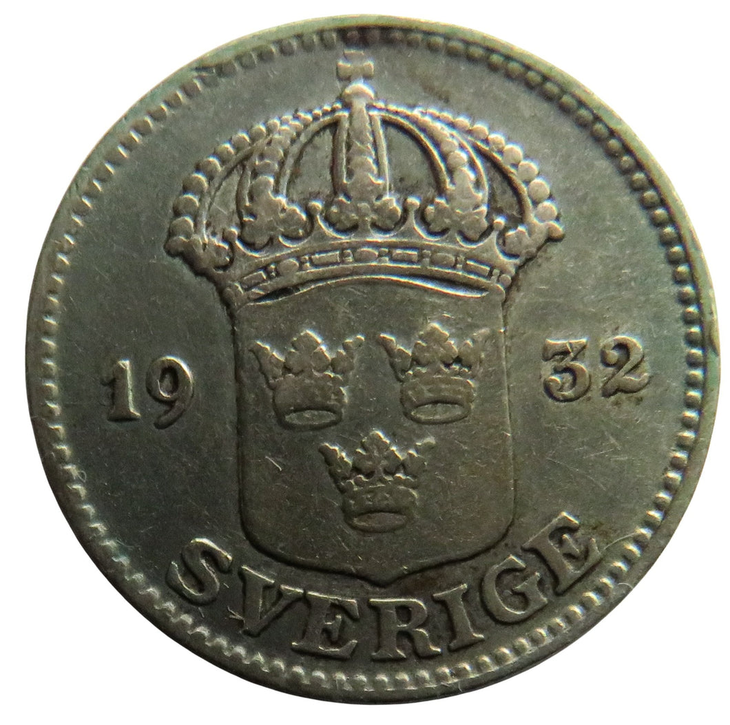 1932 Sweden Silver 25 Ore Coin