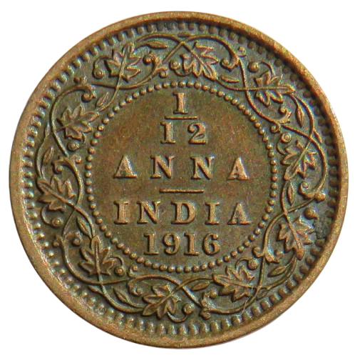 1916 King George V India 1/12th Anna Coin