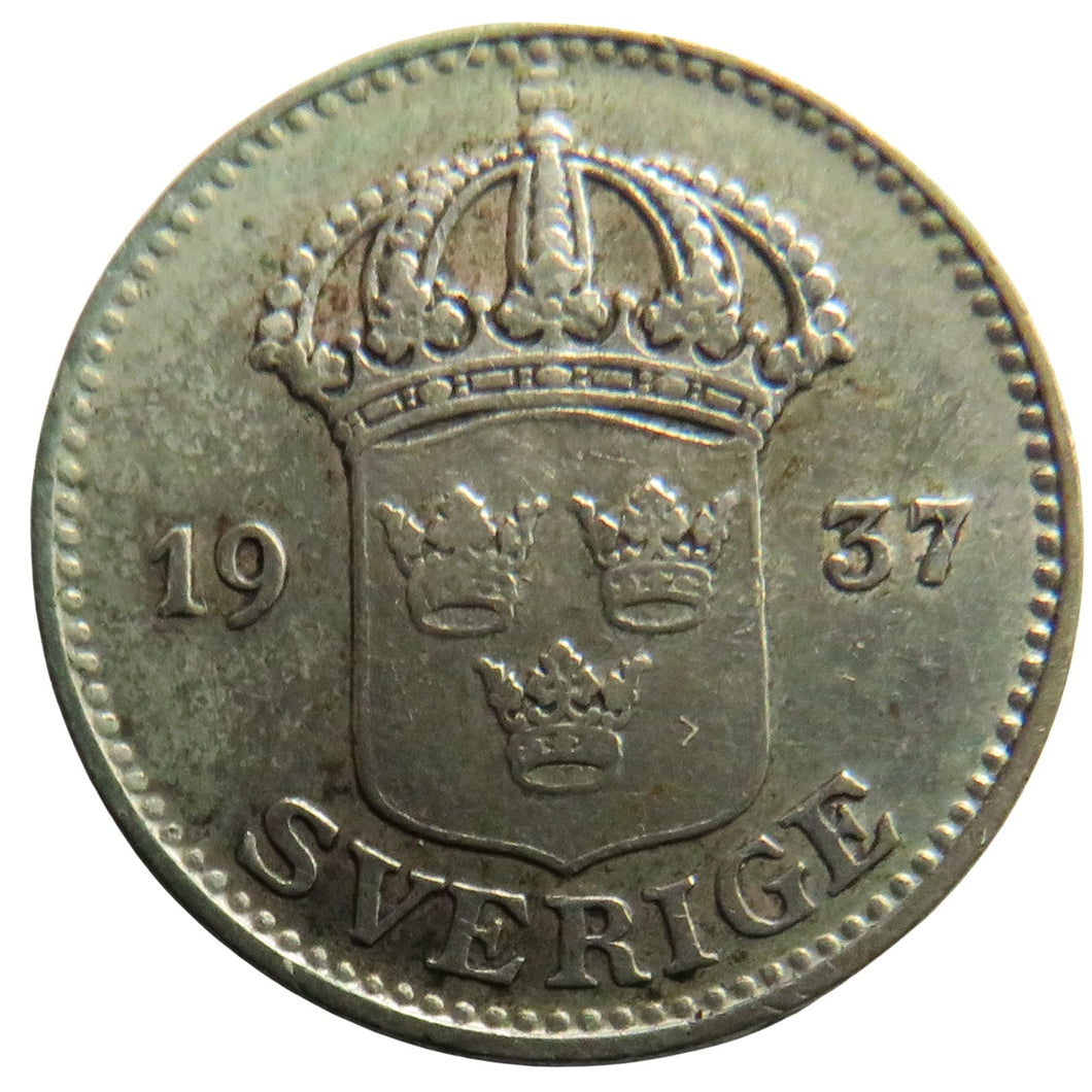 1937 Sweden Silver 25 Ore Coin