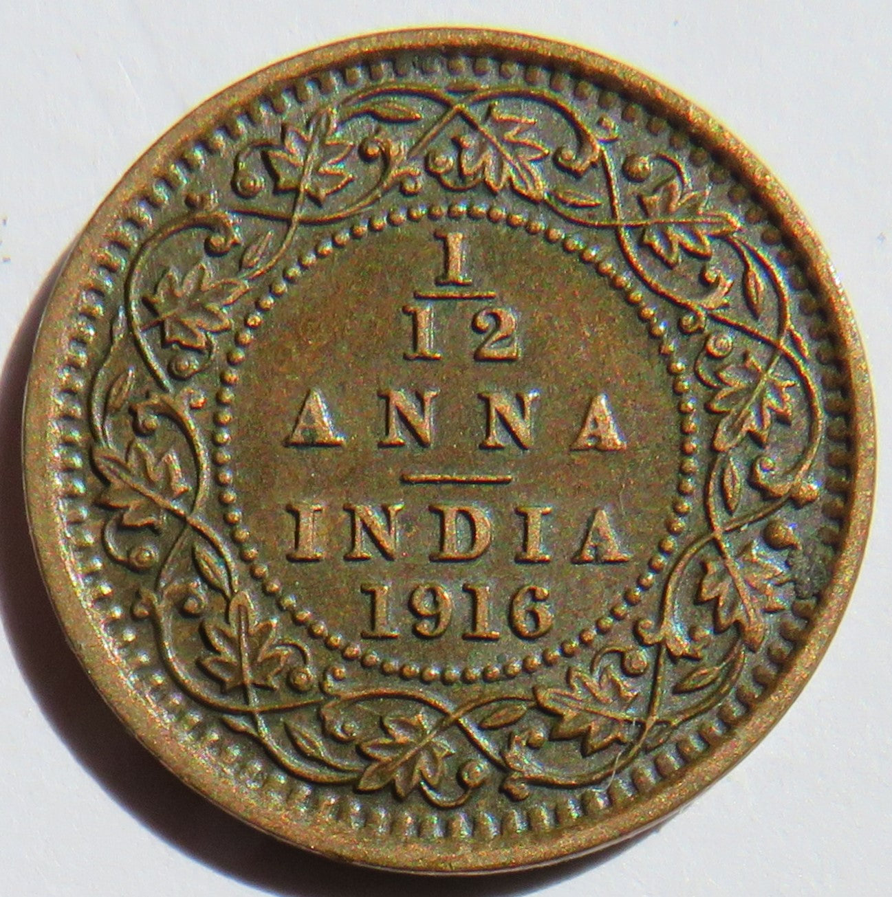 1916 King George V India 1/12th Anna Coin