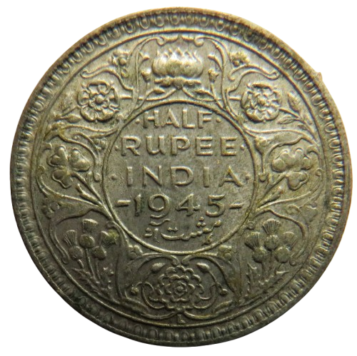 1945 King George VI India Silver 1/2 Rupee Coin