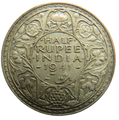 1941 King George VI India Silver 1/2 Rupee Coin