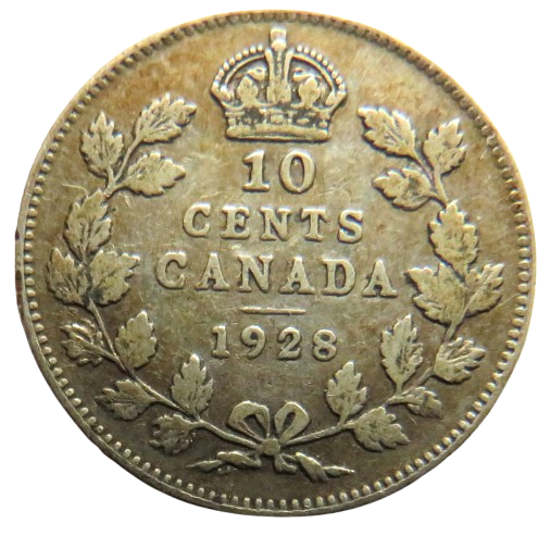 1928 King George V Canada Silver 10 Cents Coin