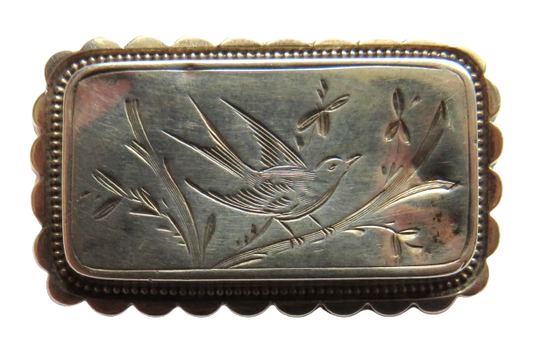 Antique White Metal Brooch With Engraved Bird Image