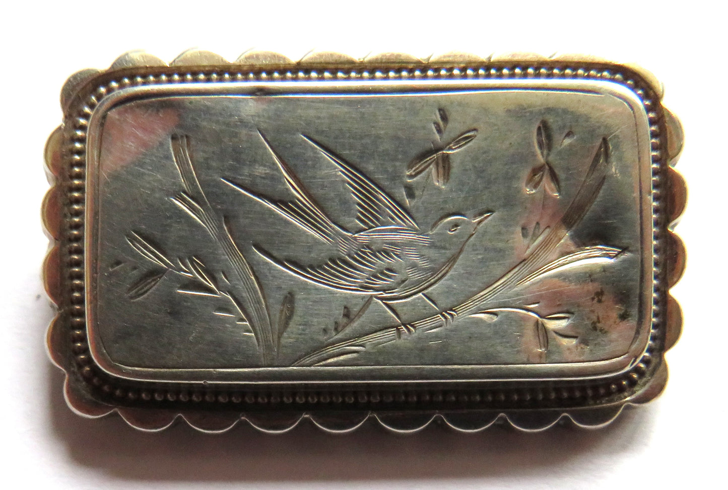 Antique White Metal Brooch With Engraved Bird Image