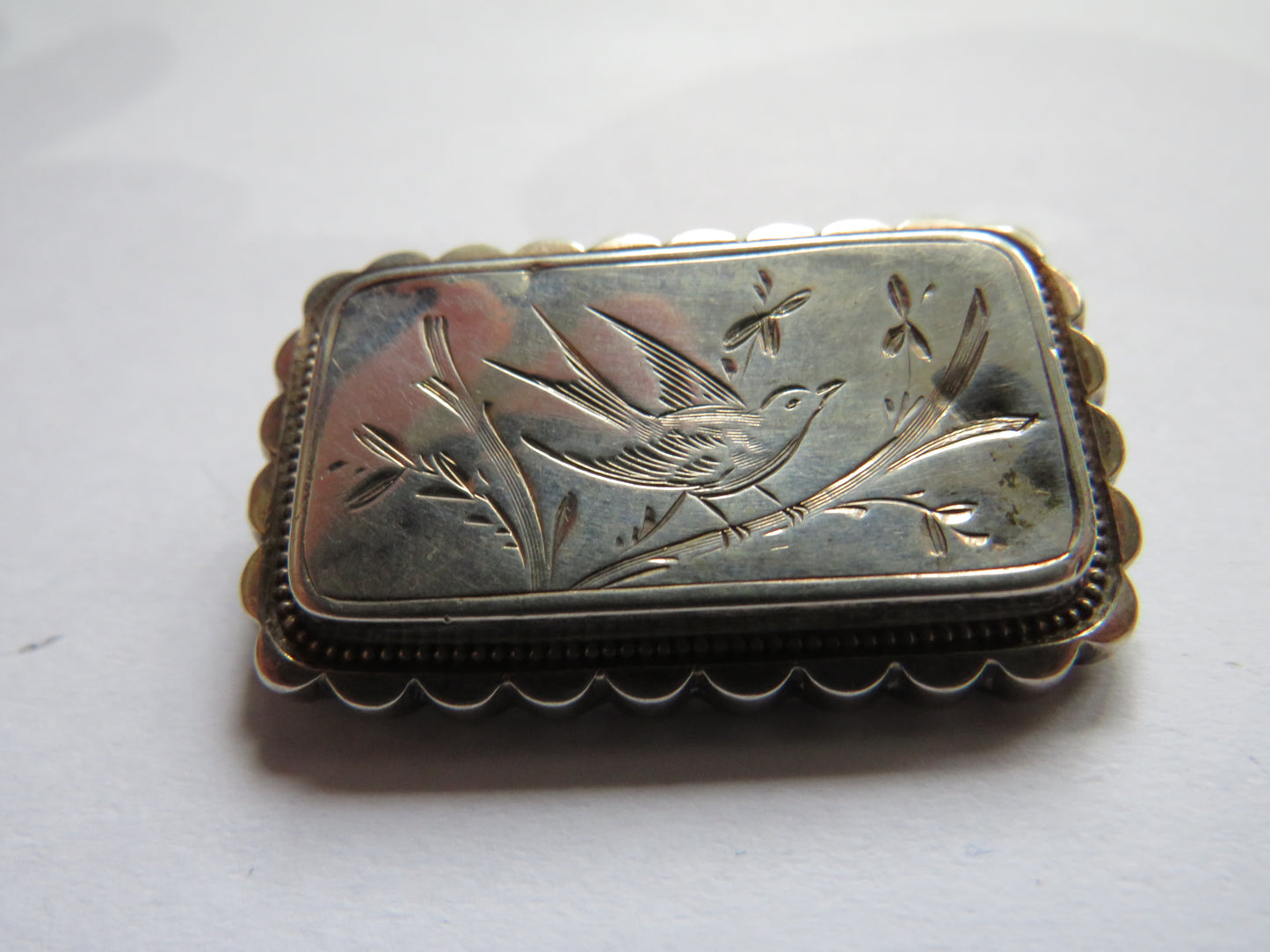 Antique White Metal Brooch With Engraved Bird Image
