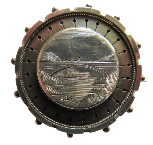 Antique Victorian Silver / White Metal Brooch With Engraving of Bridge