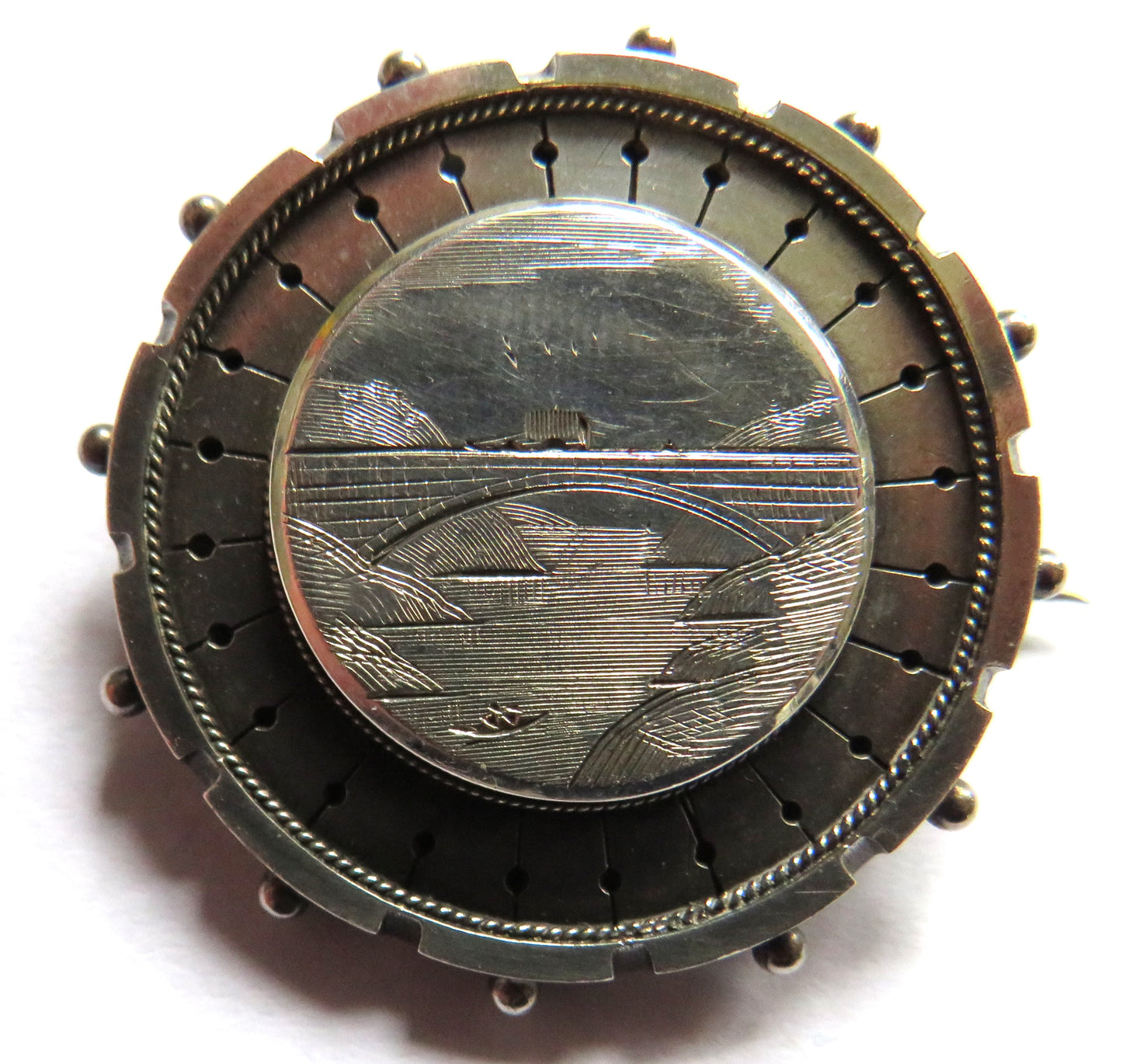 Antique Victorian Silver / White Metal Brooch With Engraving of Bridge