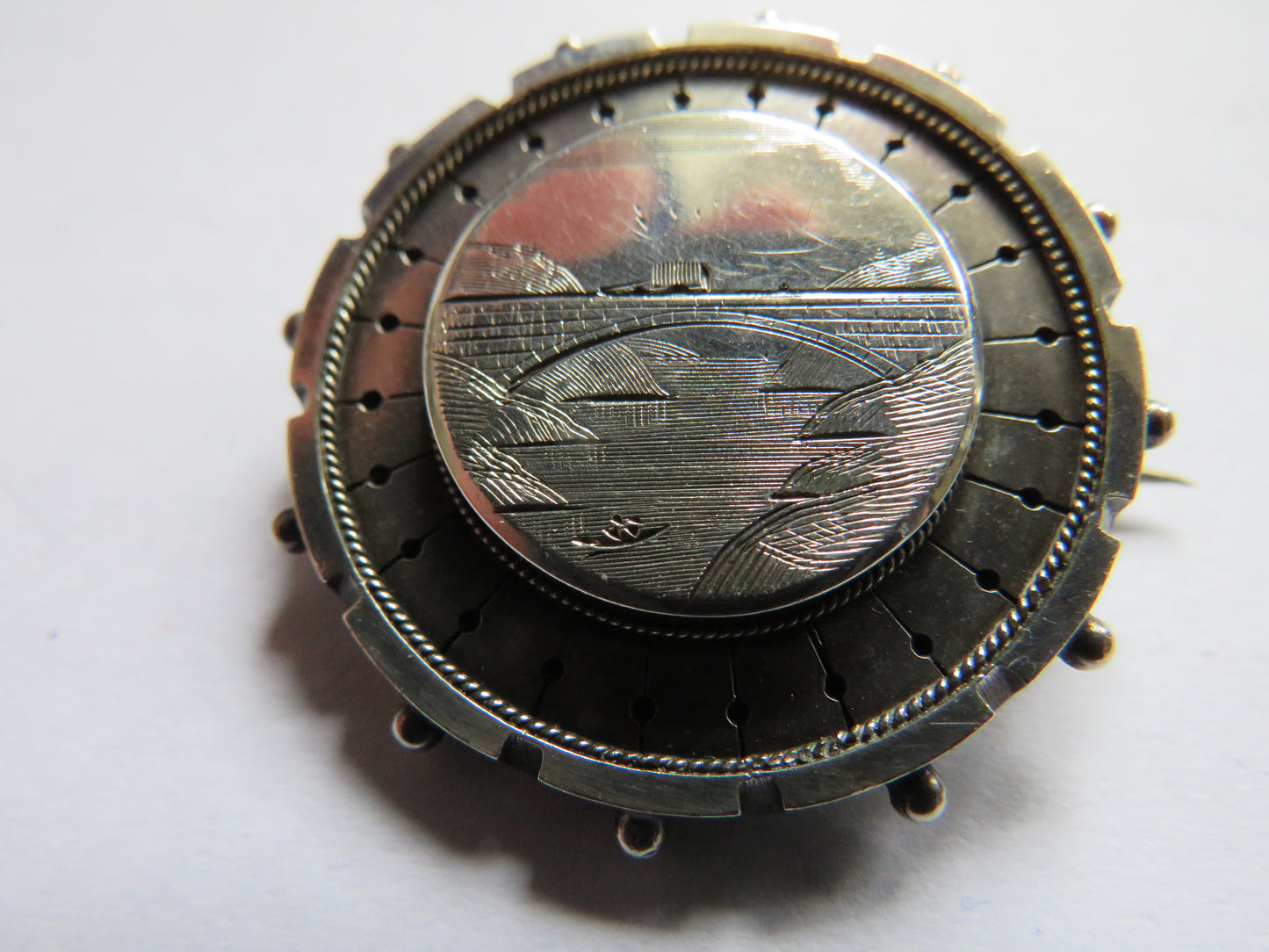 Antique Victorian Silver / White Metal Brooch With Engraving of Bridge
