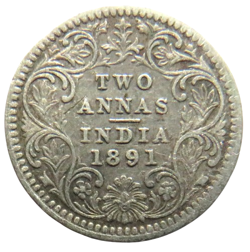 1891 Queen Victoria India Silver 2 Annas Coin