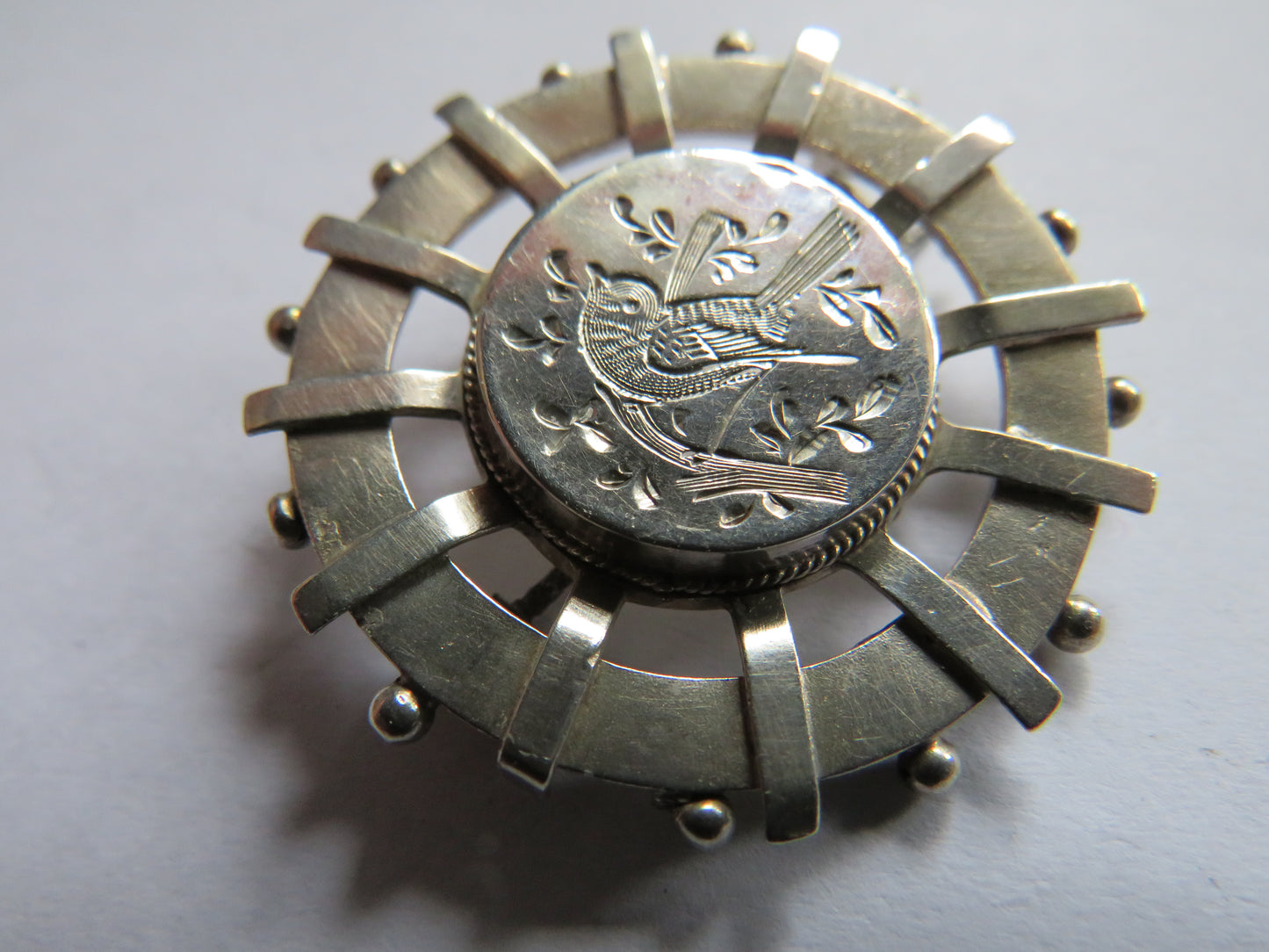 Antique Victorian Silver / White Metal Ladies Brooch With Engraved Bird