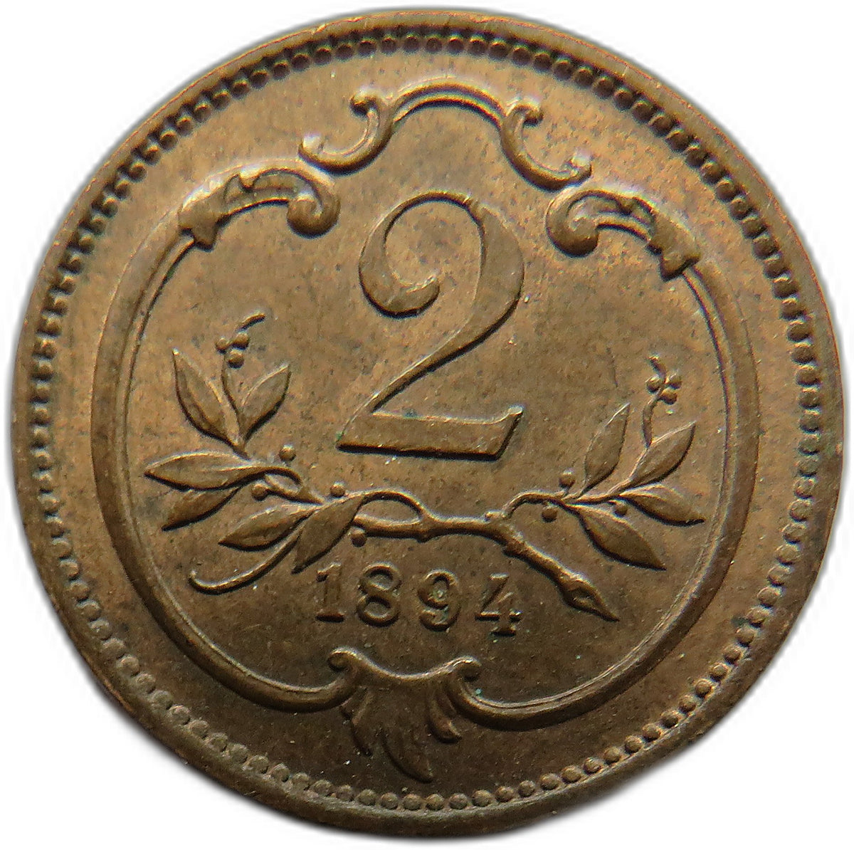 1894 Austria 2 Heller Coin High Grade