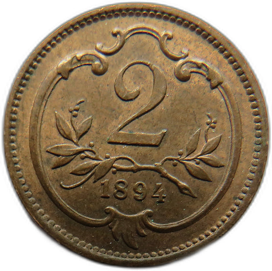 1894 Austria 2 Heller Coin High Grade