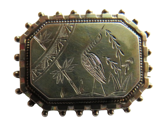 Antique White Metal Ladies Brooch With Engraved Bird Design
