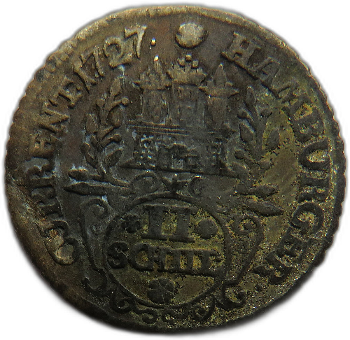 1727 German States Hamburg Silver 2 Schilling Coin