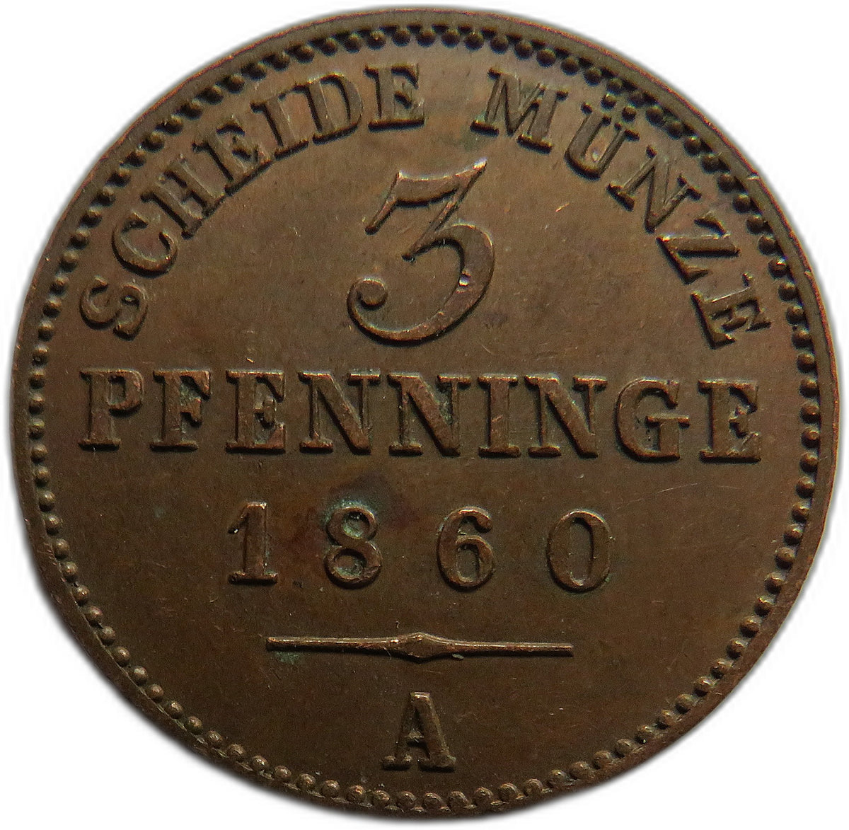 1860-A German States Prussia 3 Pfennig Coin In Better Grade