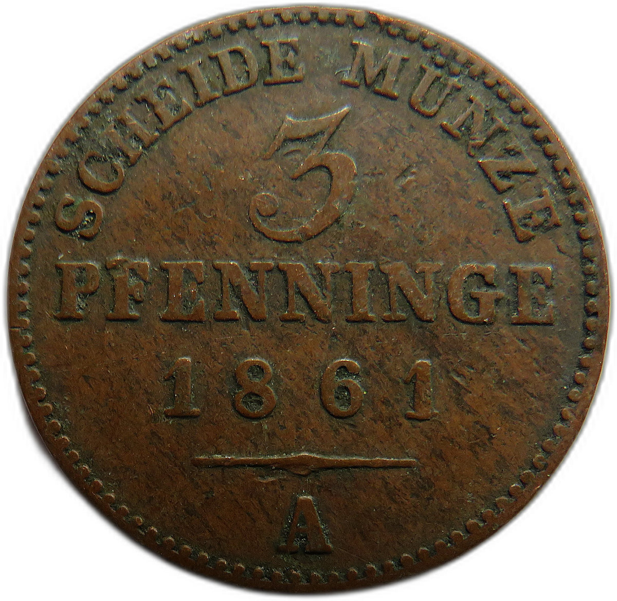 1861-A German States Prussia 3 Pfennig Coin