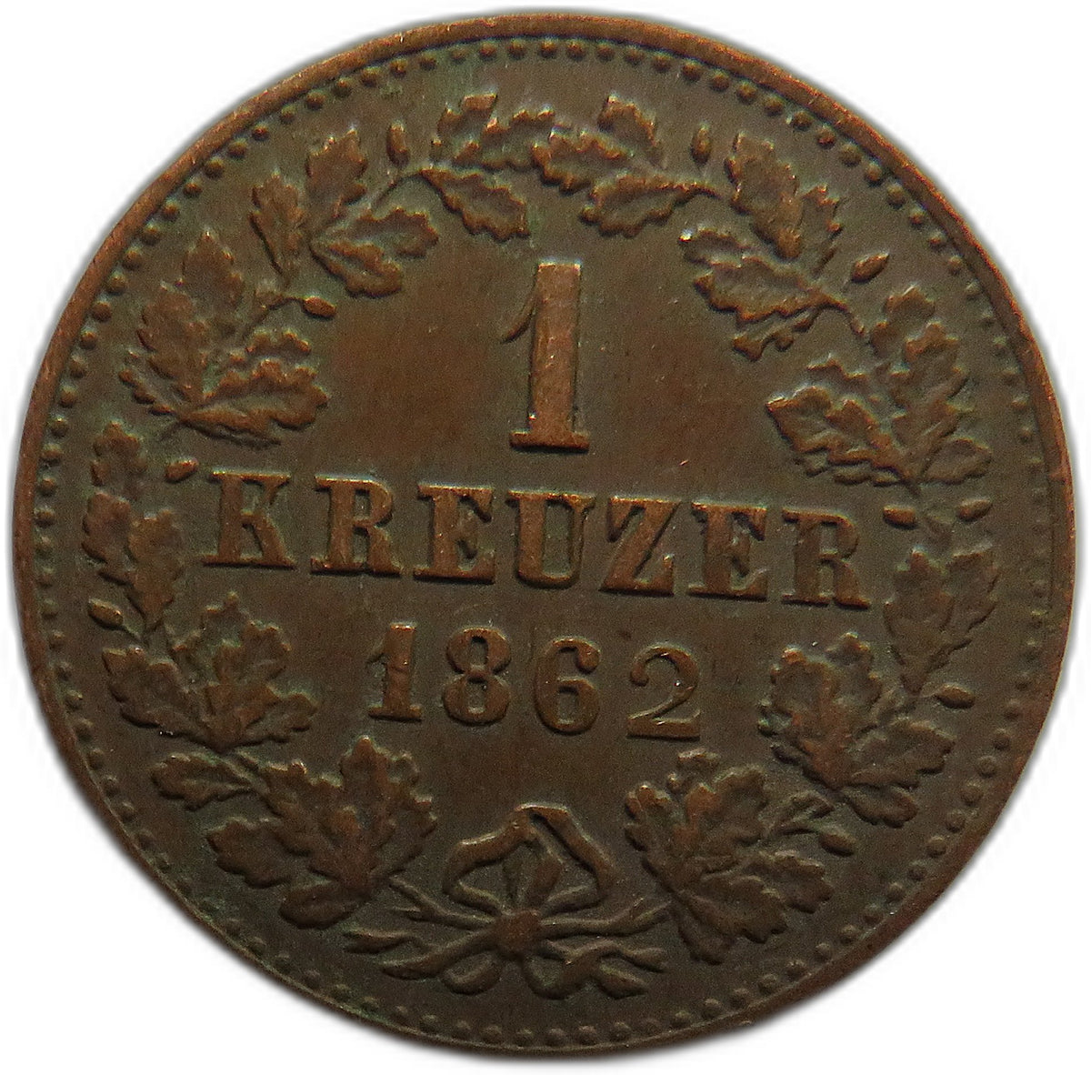 1862 German States Nassau One Kreuzer Coin