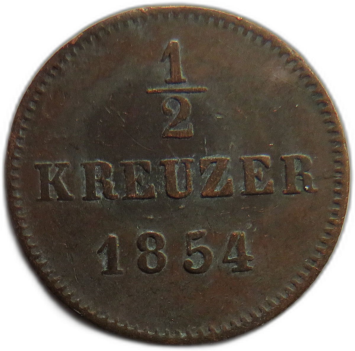 1854 German States Wurttemberg 1/2 Kreuzer Coin