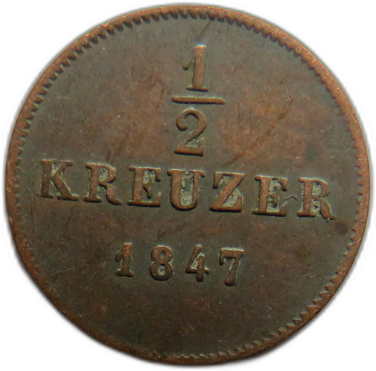 1847 German States Wurttemberg 1/2 Kreuzer Coin