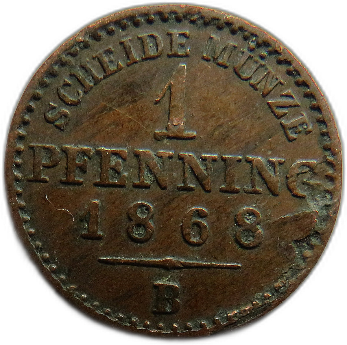 1868-B German States Prussia One Pfennig Coin