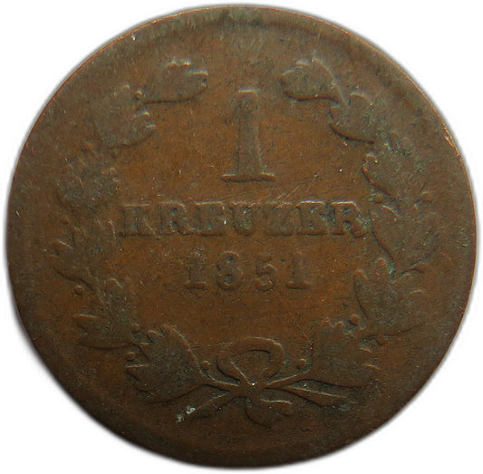 1851 German States Baden One Kreuzer Coin