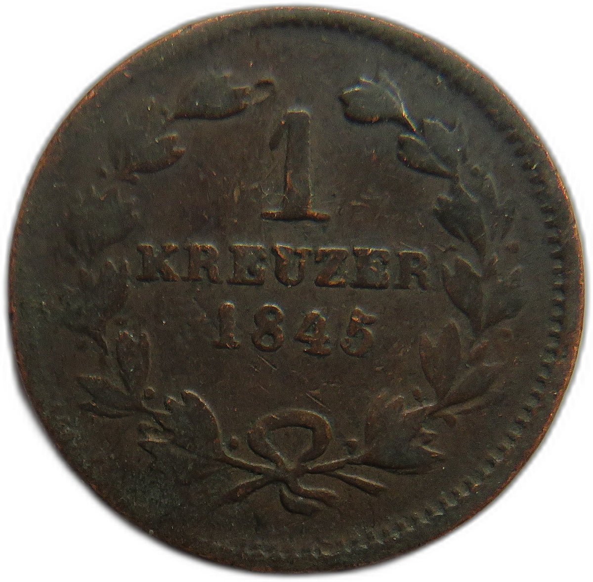 1845 German States Baden One Kreuzer Coin