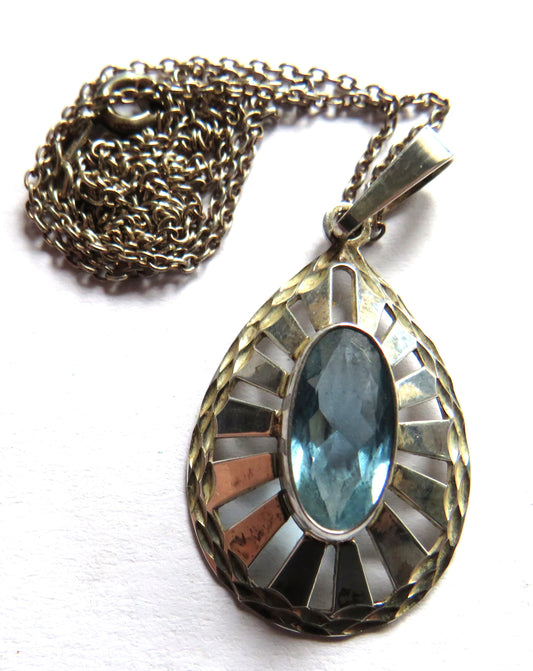 Stylish Ladies Sterling Silver Necklace & Pendant With Blue Stone