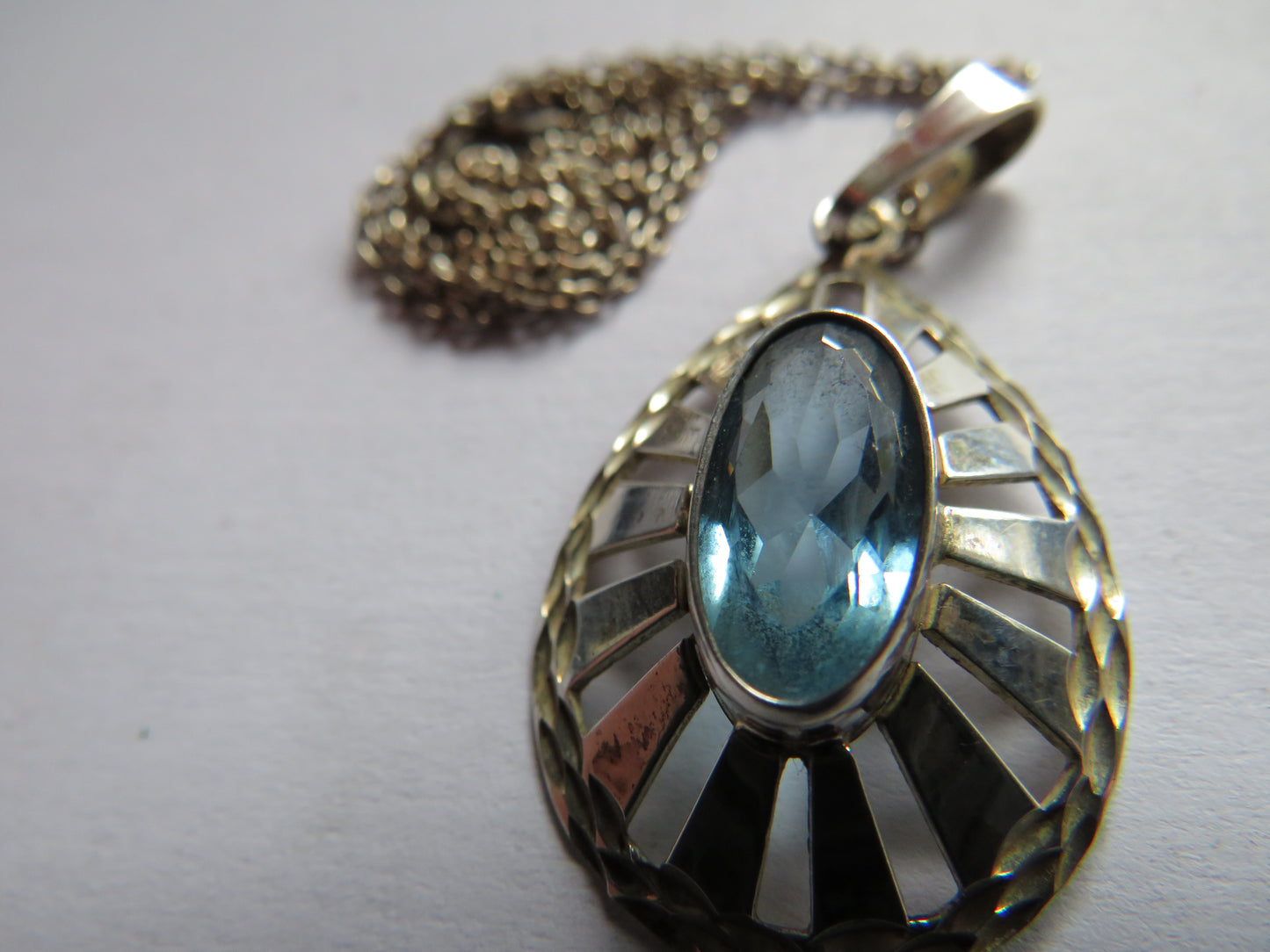 Stylish Ladies Sterling Silver Necklace & Pendant With Blue Stone