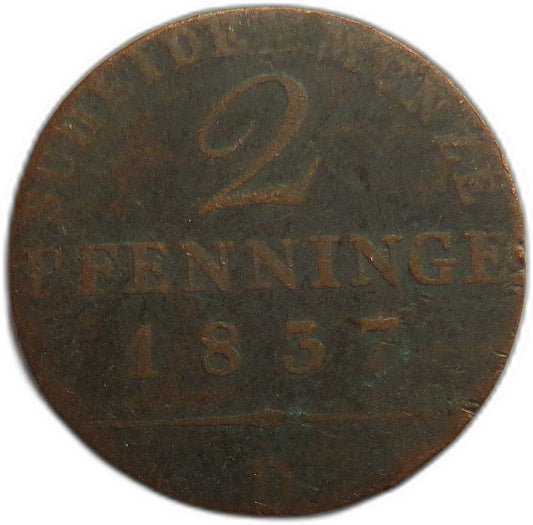 1837-D German States Prussia 2 Pfennig Coin