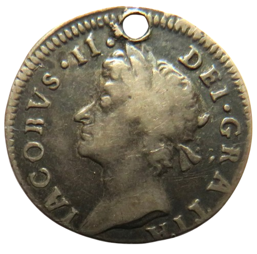 1687 King James II silver Threepence Coin (Holed)