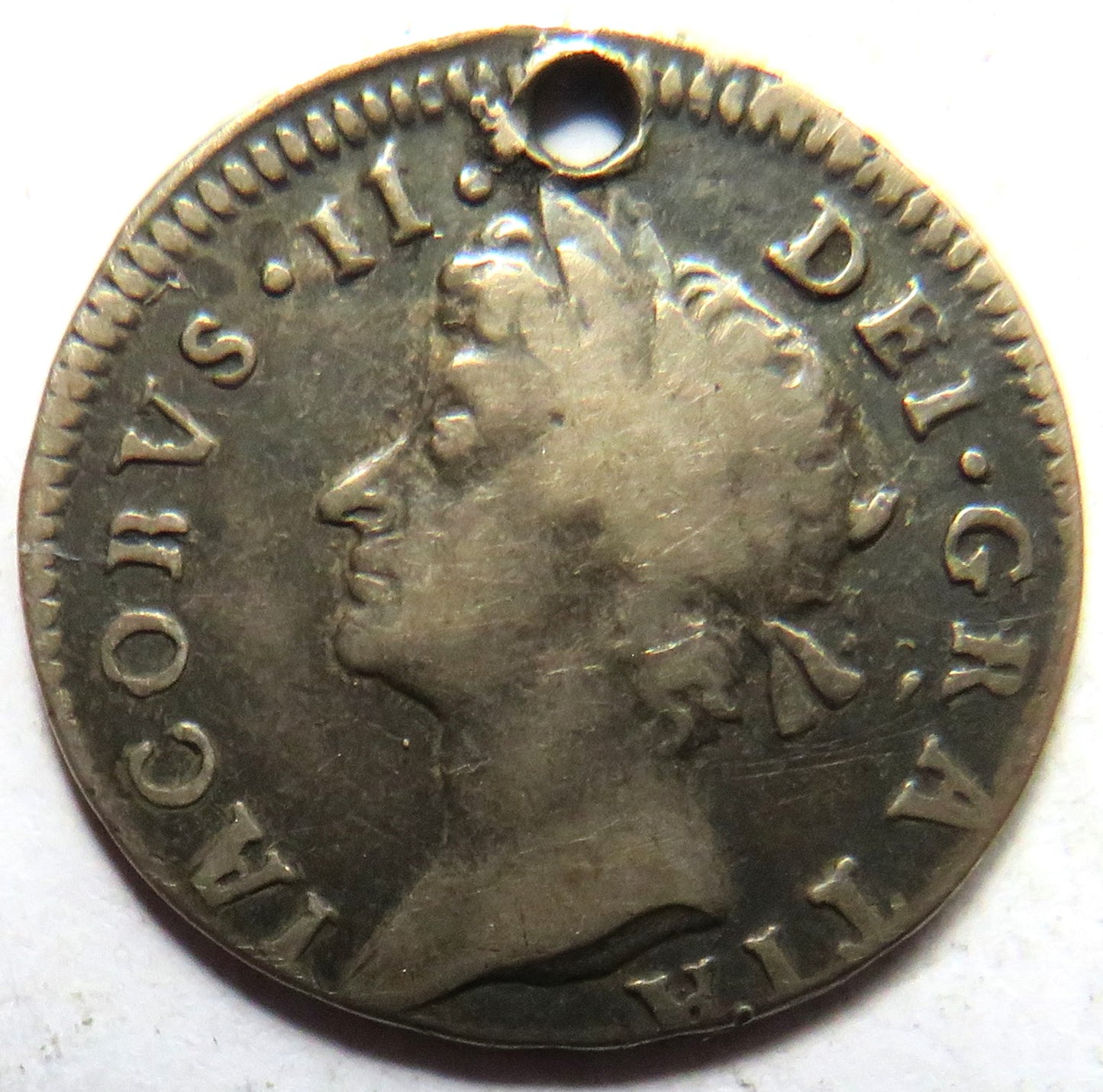 1687 King James II silver Threepence Coin (Holed)