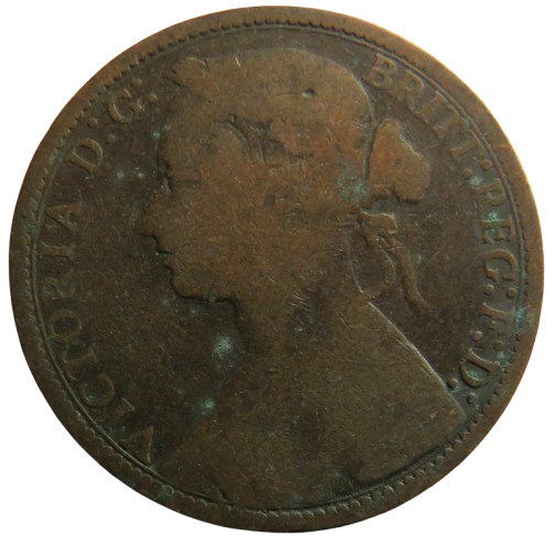 1874-H Queen Victoria Bun Head One Penny Coin - Great Britain