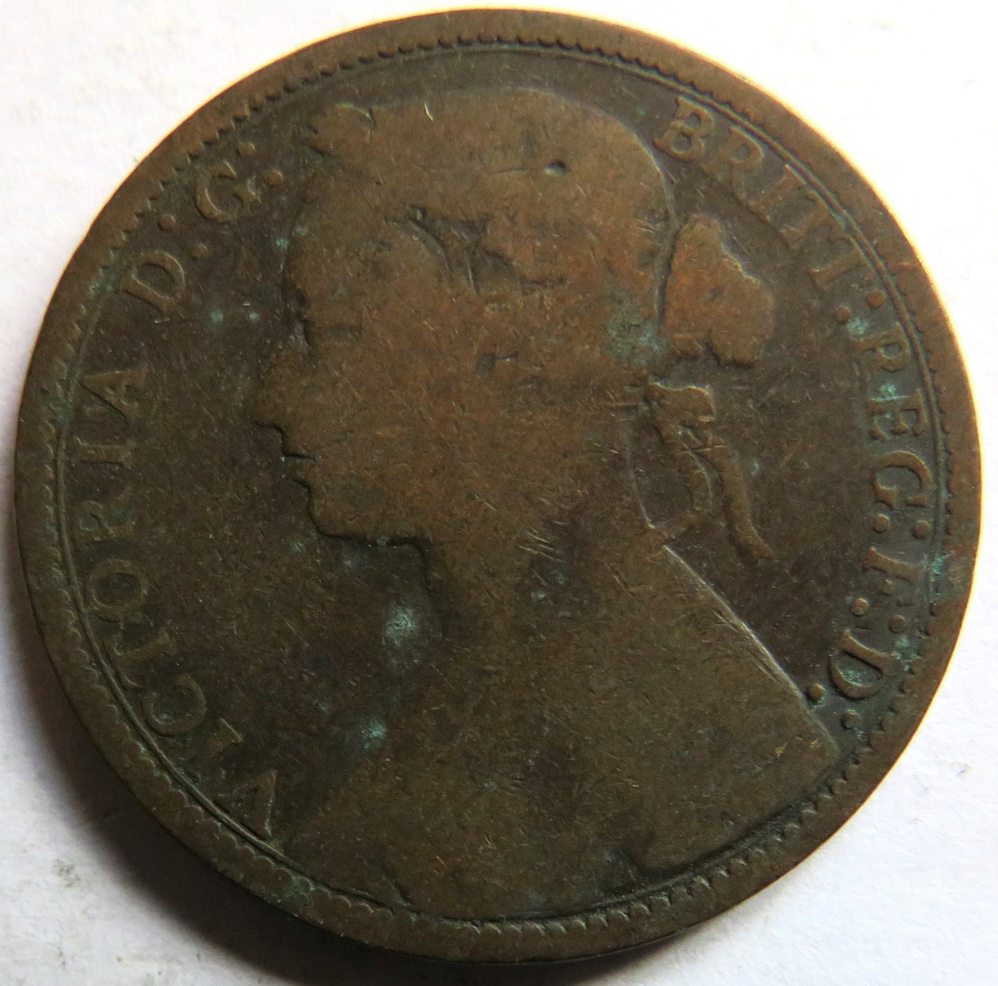 1874-H Queen Victoria Bun Head One Penny Coin - Great Britain